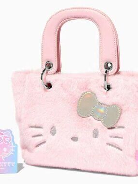 Hello Kitty Plush Pink Mini Tote Bag Fuzzy Handbag with Bow Cute Stylish Purse